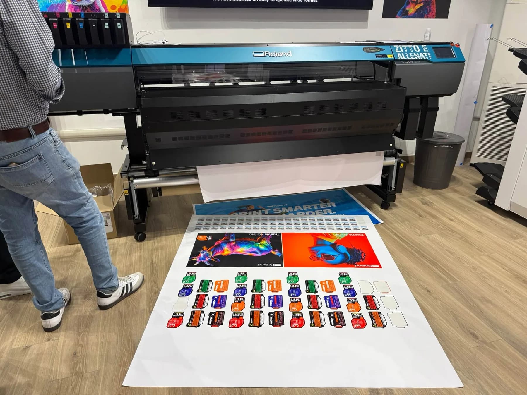 Grafica e adesivi stampati davanti a un plotter Roland DG