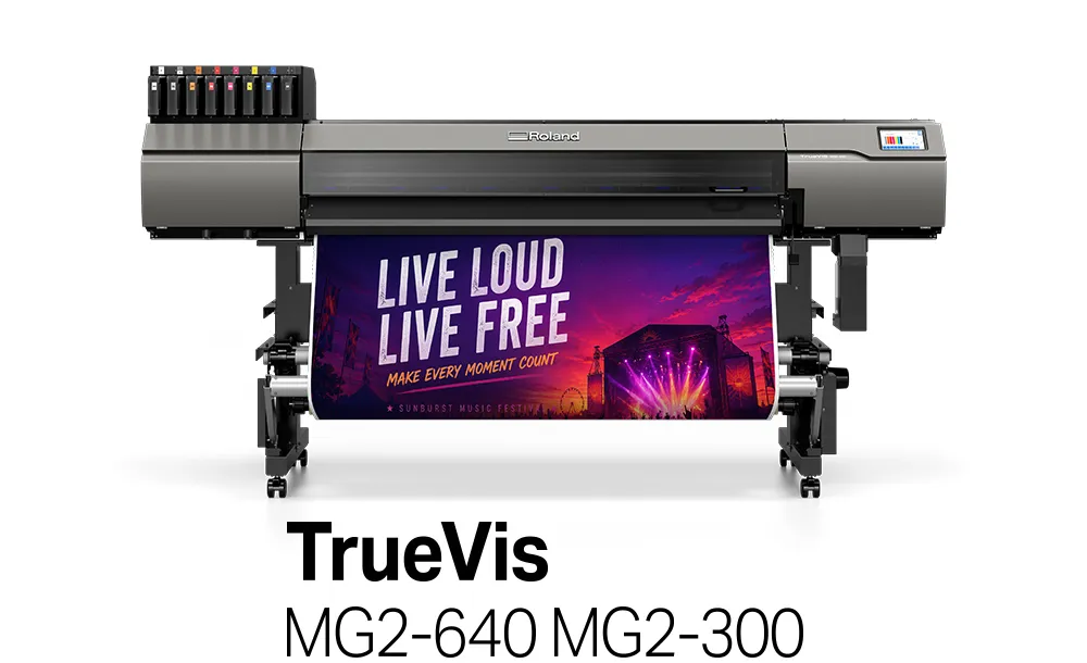 Stampante UV Roland DG TrueVIS MG2 con grafica stampata