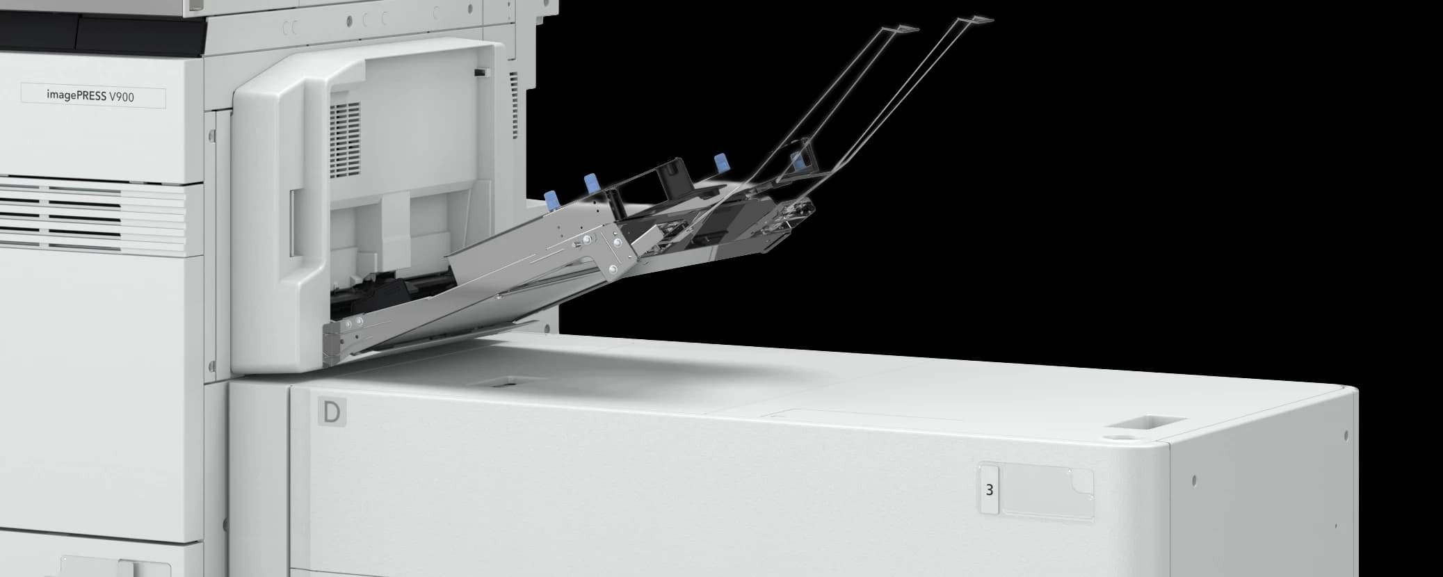 Dettaglio del vassoio per supporti lunghi della Canon imagePRESS V900 series