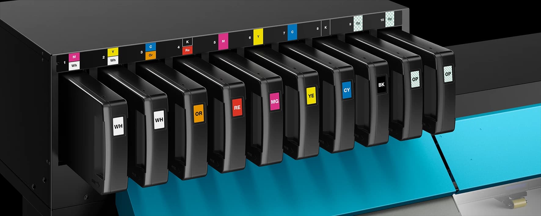 Vano inchiostri AG-640 con bianco, arancione, rosso, CMYK e ottimizzatore